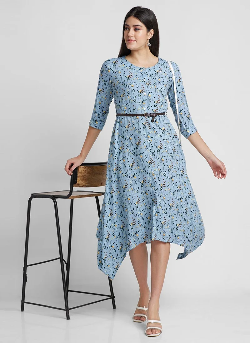 جلو باص Globus Women Round Neck Floral Printed Asymmetric Hem A-Line Midi Dress With Belt